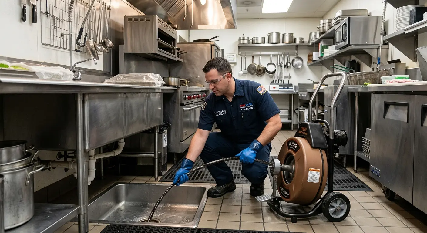 Commercial drain cleaning service in a restaurant kitchen in Marlene Village