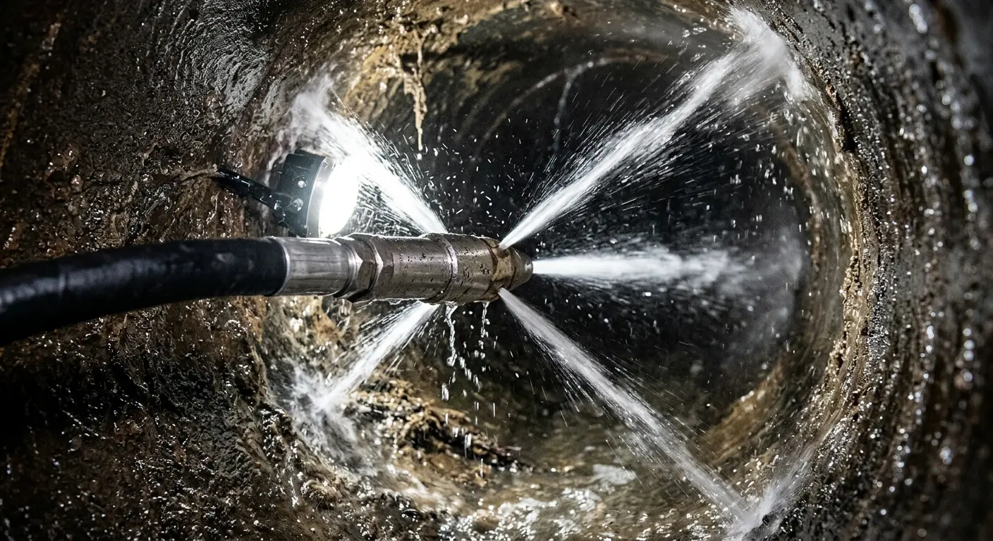 High-pressure hydro jetting nozzle cleaning sewer pipe for Trenchless Sewer Repair in Marlene Village