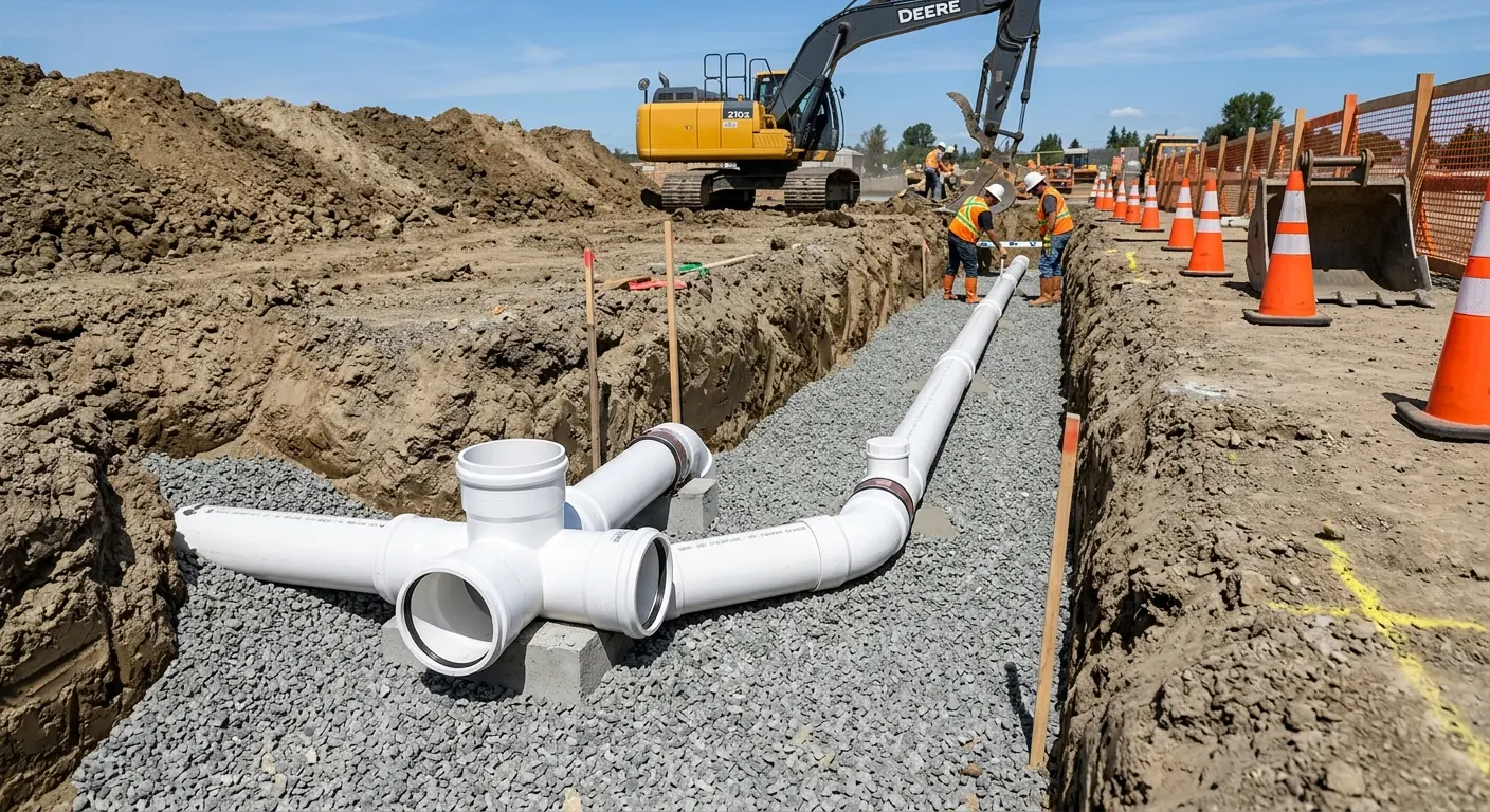 New PVC sewer pipe installation in open trench for Commercial Drain Cleaning in Marlene Village