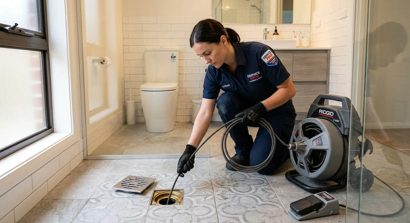 Technician clearing a bathroom floor drain for Sewer Line Replacement in Marlene Village